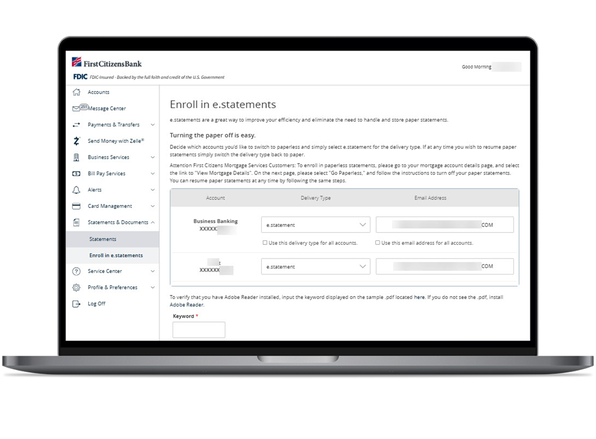 laptop screen showing estatements page in small business digital banking