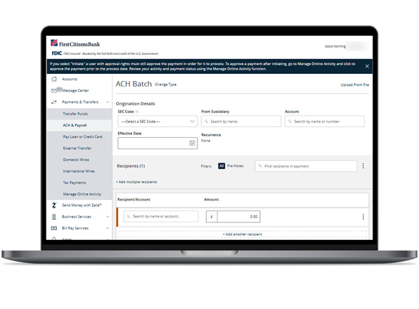 laptop screen showing the ACH interface in small business digital banking