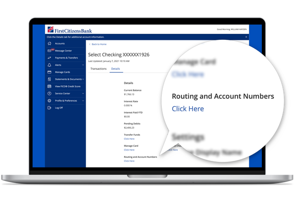 First Citizens Digital Banking dashboard displaying where routing and account numbers can be accessed by pressing the Click Here link under the Routing and Account Numbers section, within the Details tab