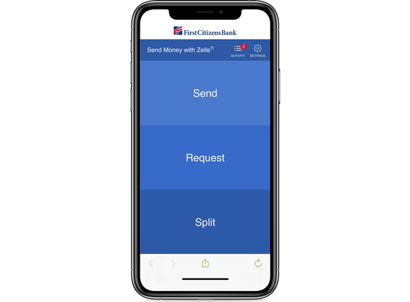 Mobile screen showing send, request and split options to send money with Zelle