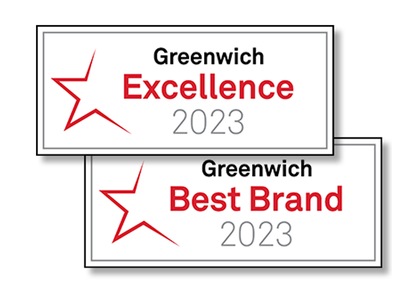 Greenwich Excellene 2023 and Greenwich Best Brand 2023 award badges