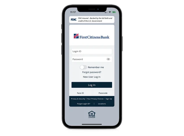 First Citizens Bank mobile login screen
