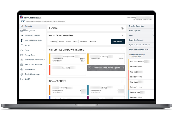 laptop screen showing the accounts home page in small business digital banking