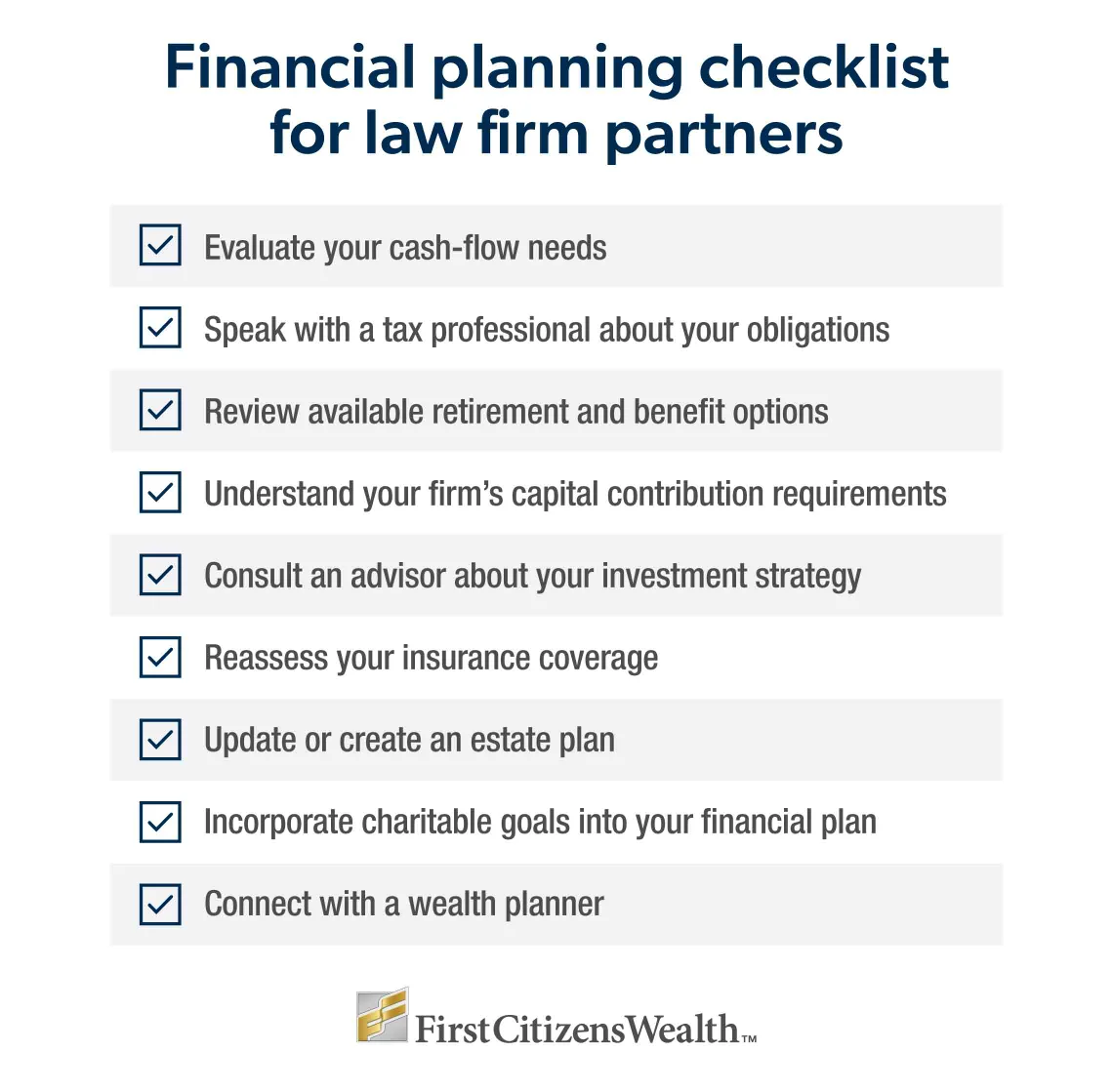 Infographic showing checklist items for law firm partners to consider