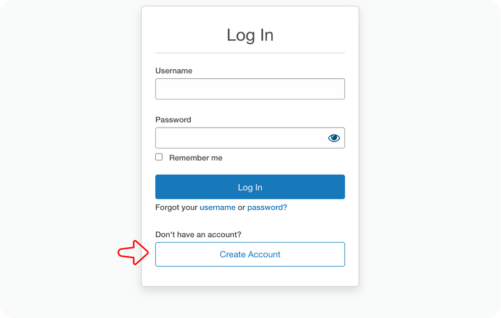Graphical user interface showing a Log In form. There's an arrow pointing to the Create Account button.