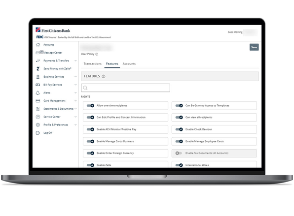 laptop screen showing the user permissions page in small business digital banking