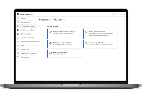 Laptop screen showing Payments and Transfers overview