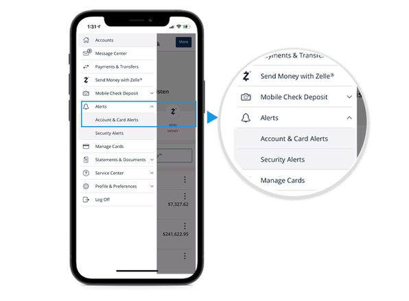 mobile phone screen showing account alerts in the navigation menu