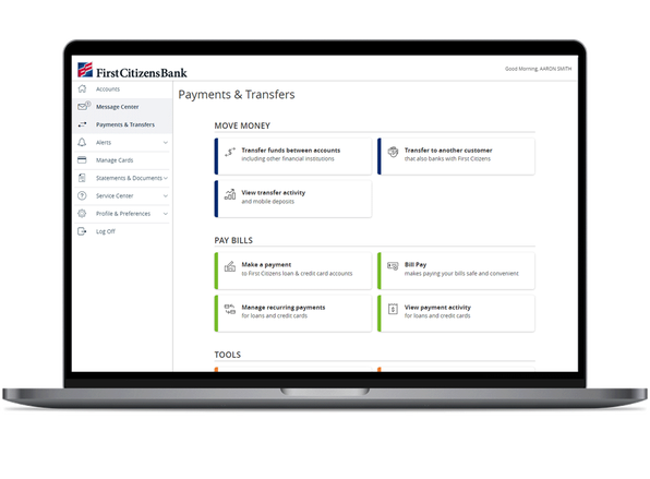 Laptop screen showing Payments and Transfers overview