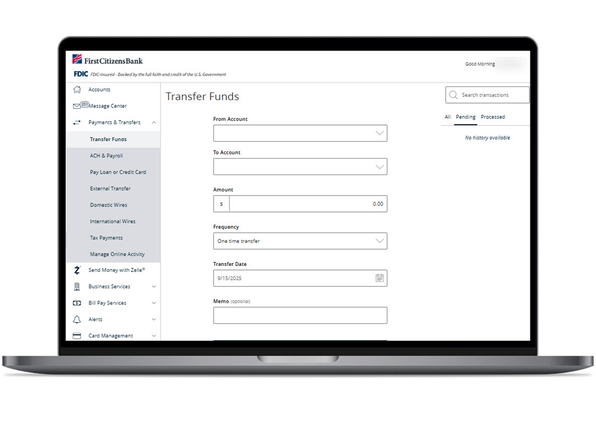 laptop screen showing transfer funds page in small business digital banking