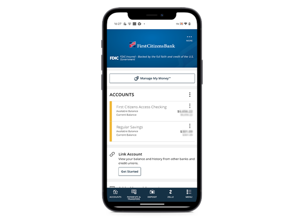 First Citizens mobile banking app interface on smartphone