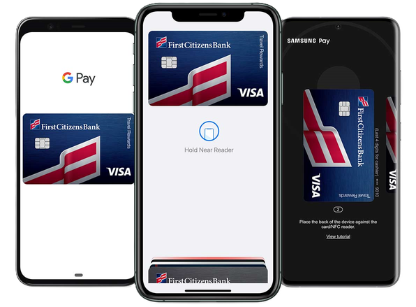 Three mobile phones side by side showing images of a credit card in Google Pay, Apple Pay and Samsung Pay