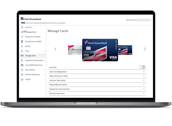 laptop screen showing the manage cards page in small business digital banking
