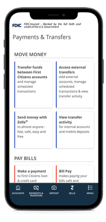 An image depicting the payments and transfers screen on a mobile phone