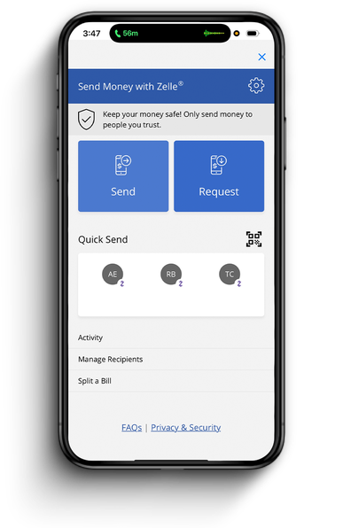 mobile phone screen showing the Zelle payments screen in small business digital banking