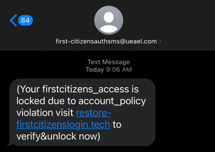 Text message scam example from first-citizensauthsms@ueael.com asking for verification