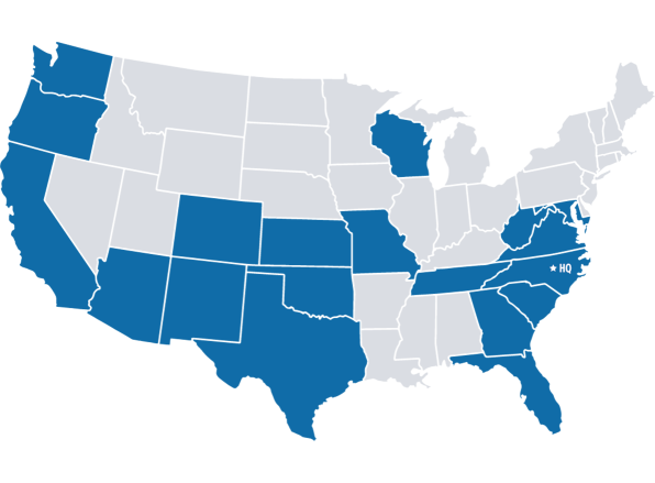 Map of the United States showing First Citizens footprint including Arizona, California, Colorado, Florida, Georgia, Kansas, Maryland, Missouri, New Mexico, North Carolina, Oklahoma, Oregon, South Carolina, Tennessee, Texas, Virginia, Washington, West Virginia and Wisconsin.