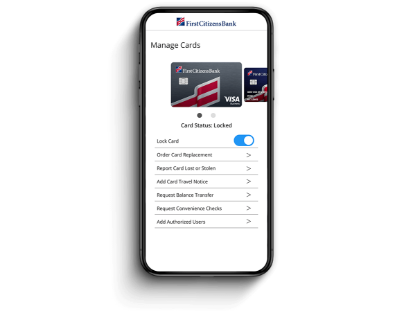 mobile phone displaying First Citizens Manage Cards Lock Card feature with status locked