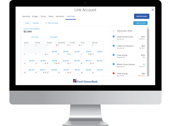 computer monitor displaying a First Citizens Bank cash flow calendar