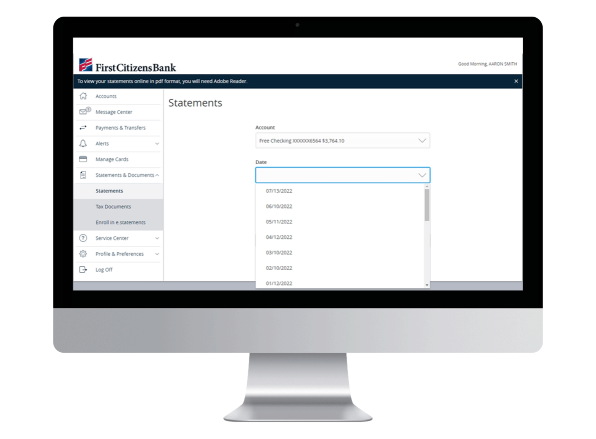 Desktop screen showing Digital Banking statements