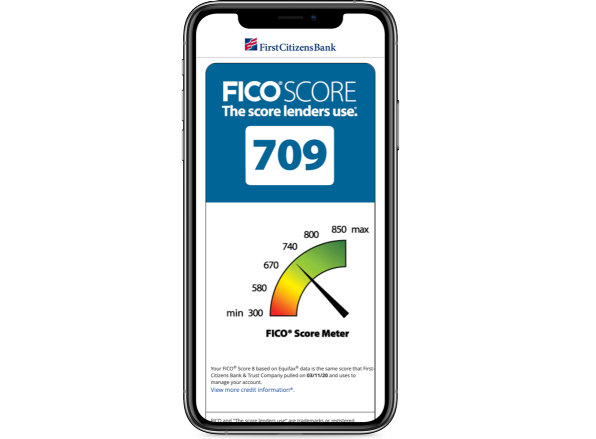 Mobile screen showing FICO score through digital banking