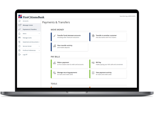 Laptop screen showing Payments and Transfers overview