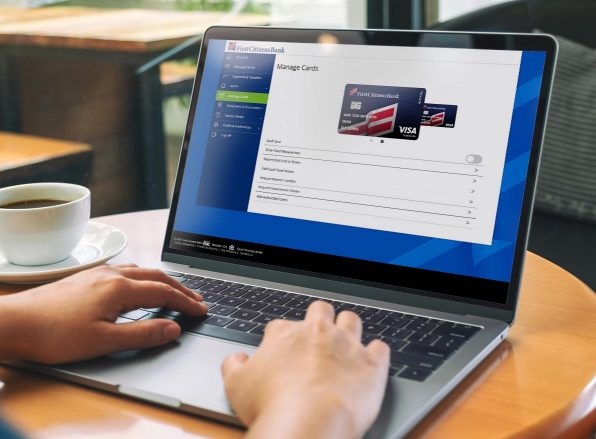 Laptop showing First Citizens Digital Banking Manage Cards tab