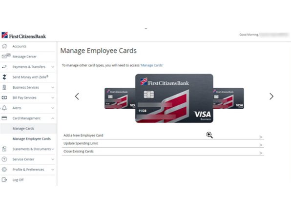 Carousel depiction of managing different types of First Citizens Bank credit cards