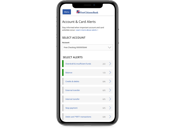 mobile phone displaying First Citizens Account and Card Alerts selection options
