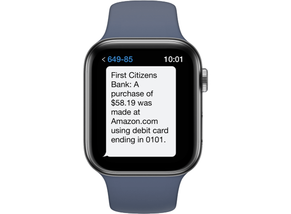 Smartwatch displaying First Citizens card activity alert