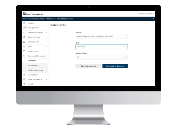 desktop screen showing small business digital banking account statements