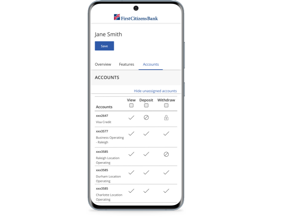 mobile screen showing the First Citizens Bank app Accounts page for Jane Smith