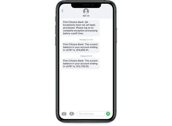 mobile phone screen showing a sample text from First Citizens updating a user on their account balance