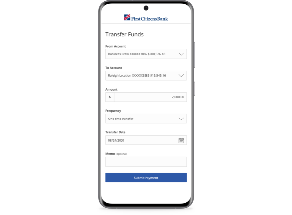 mobile phone displaying First Citizens Transfer Funds form