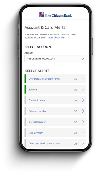 mobile phone displaying First Citizens Account and Card Alerts selection options
