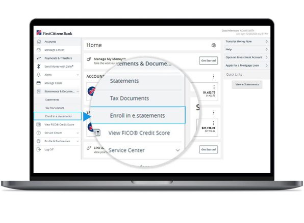 desktop showing how to get to Enroll in First Citizens e-statements