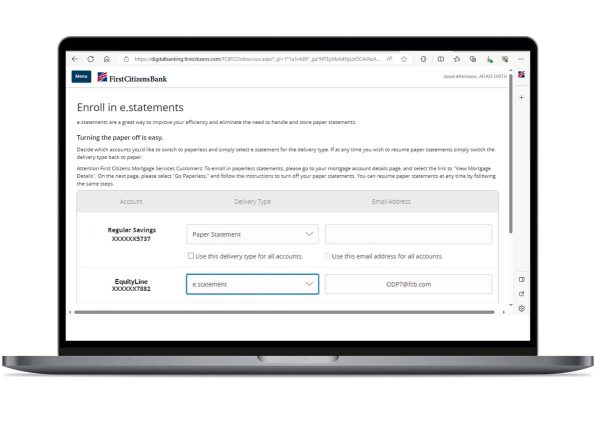 desktop showing how to Enroll in First Citizens e-statements