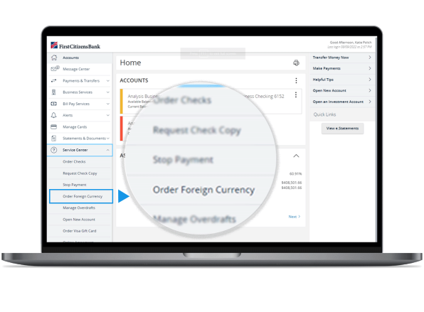 laptop First Citizens Bank display for how to order foreign currency