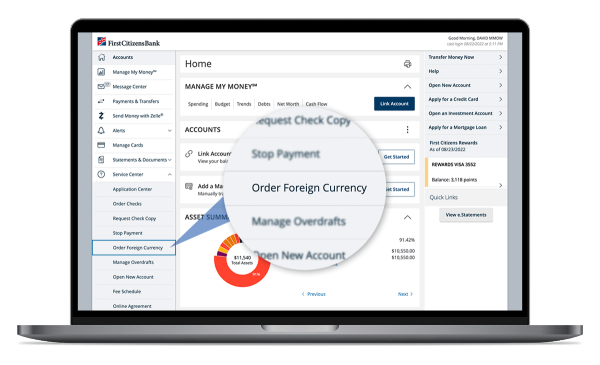 Digital Banking dashboard with Order Foreign Currency highlighted in the sidebar