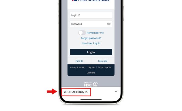 Mobile screenshot of Digital Banking login screen with Your Accounts highlighted near the bottom