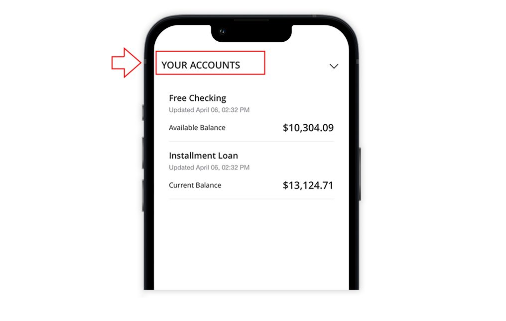 Mobile screenshot of Your Accounts menu in Digital Banking