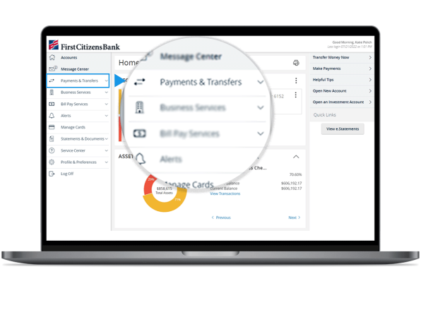 laptop computer displaying First Citizens Bank Payments & Transfers Digital Banking menu