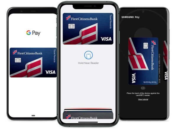 Three mobile phones side by side showing images of a credit card in Google Pay, Apple Pay and Samsung Pay