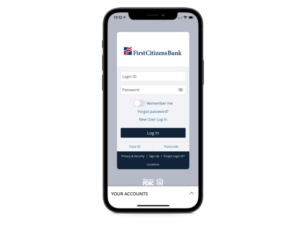Mobile screen showing main digital banking login page