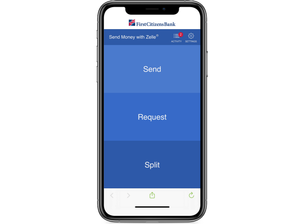 Mobile screen showing send, request and split options to send money with Zelle