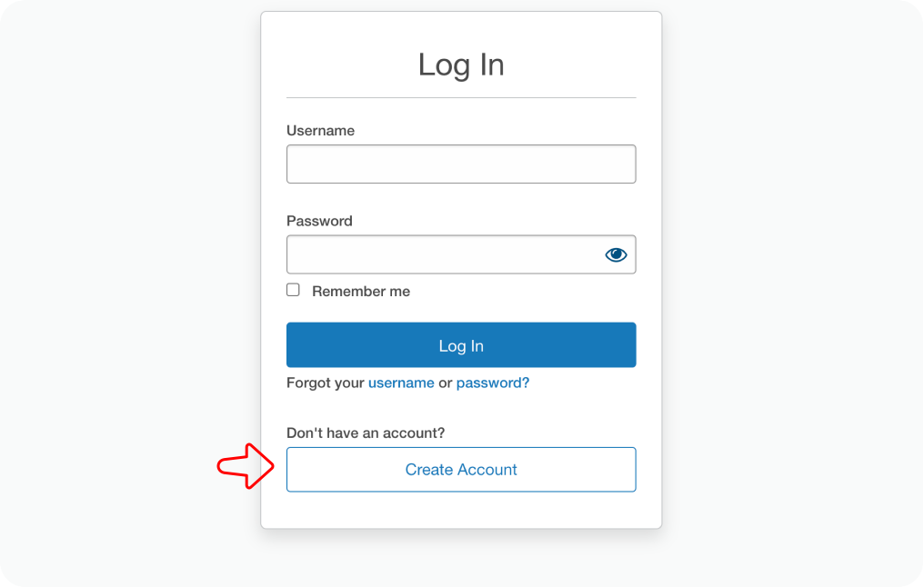 Graphical user interface showing a Log In form. There's an arrow pointing to the Create Account button.