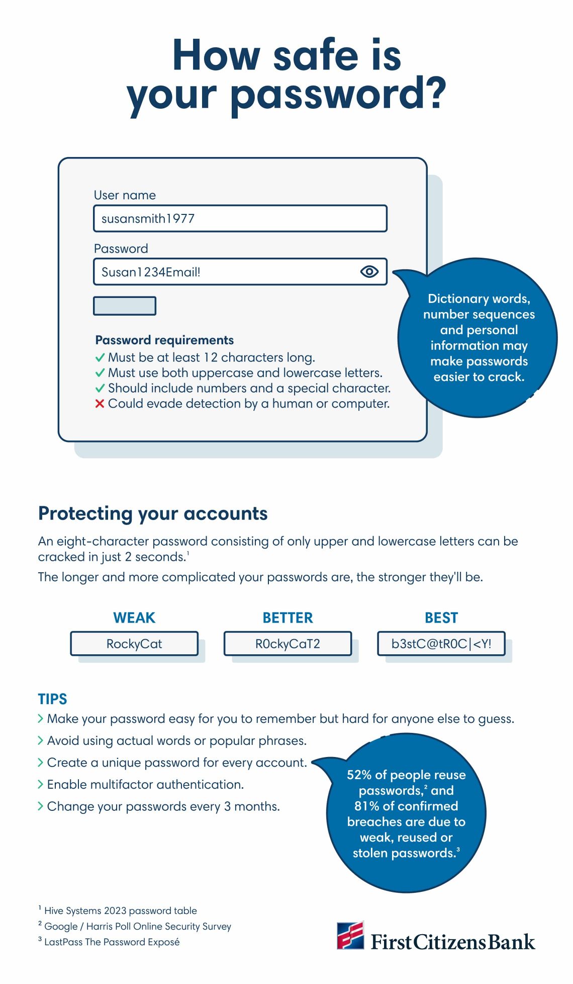Infographic with tips on protecting your accounts with stronger passwords